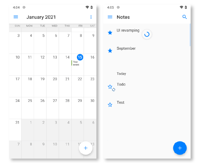 Screenshots of the new UI - Calendar and Notes